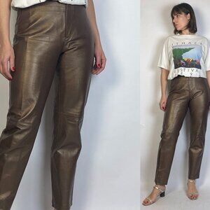 Vintage Y2K BRONZE Brown Real LEATHER Pants! Size 6